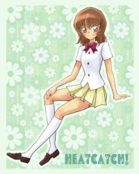 Rule 34 | 10s, 1girl, arm support, blush, bow, bowtie, brown eyes, brown hair, copyright name, floral background, green background, heartcatch precure!, kneehighs, loafers, myoudouin itsuki, naka (ez), precure, school uniform, shoes, short hair, sitting, skirt, socks, solo, thighhighs, white socks