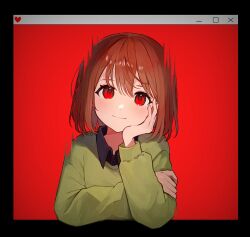 Rule 34 | 1other, black shirt, brown hair, chara (undertale), collared shirt, fading, fourth wall, green sweater, head rest, head tilt, heart, highres, looking at viewer, medium hair, nano mochi, red background, red eyes, shirt, solo, sweater, undertale, window, window (computing)