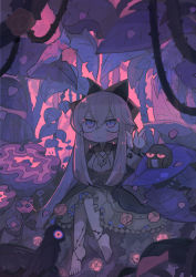 Rule 34 | 1girl, barefoot, black bow, blonde hair, blue eyes, bow, closed mouth, collared dress, dress, forest, hair bow, leaf, long hair, long sleeves, nature, original, plant, sitting, sleeve cuffs, solo, terada tera, vines