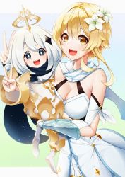 Rule 34 | 2girls, :d, bare shoulders, blonde hair, blue eyes, bracer, breasts, bright pupils, cleavage, cowboy shot, detached sleeves, dress, flower, genshin impact, gloves, hair between eyes, hair flower, hair ornament, halo, highres, holding, holding person, large breasts, long sleeves, looking at viewer, lumine (genshin impact), multiple girls, open mouth, paimon (genshin impact), scarf, short hair, sidelocks, simple background, smile, sora (men0105), teeth, thighhighs, tongue, upper teeth only, v, white dress, white flower, white hair, white legwear, yellow eyes