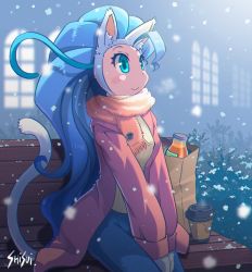 Rule 34 | 1girl, animal ears, bag, blue eyes, blue hair, breasts, cat ears, cat tail, coffee, felicia (vampire), gloves, jacket, long hair, long sleeves, pants, scarf, shisui, sitting, small breasts, snow, snowing, solo, tail, vampire (game), very long hair