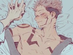 Rule 34 | 1boy, abs, adam&#039;s apple, bare shoulders, bed, bikkusama, black nails, blush, chest tattoo, collarbone, drooling, extra eyes, eyebrows, facial tattoo, fingernails, forehead, forehead tattoo, head tilt, holding hands, interlocked fingers, japanese clothes, jujutsu kaisen, kimono, looking at viewer, lying, nail polish, neck tattoo, nipples, nose blush, off shoulder, open clothes, open mouth, pale skin, parted lips, pectorals, pink hair, red eyes, ryoumen sukuna (jujutsu kaisen), short hair, shoulder tattoo, smile, solo focus, spiked hair, sweat, tattoo, teeth, undercut, undressing, white kimono