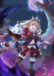Rule 34 | 1girl, black footwear, black thighhighs, blonde hair, book, boots, bracer, cagliostro (granblue fantasy), cape, crown, dragon, granblue fantasy, hairband, highres, holding, holding book, long hair, looking at viewer, moon, night, night sky, open mouth, purple eyes, red skirt, ru chochocho, skindentation, skirt, sky, smile, solo, spiked hairband, spikes, thighhighs, tiara