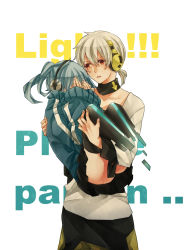 Rule 34 | 1boy, 1girl, aqua hair, carrying, covering face, ene (kagerou project), headphones, highres, kagerou project, konoha (kagerou project), long hair, princess carry, red eyes, richo, short ponytail, silver hair, twintails