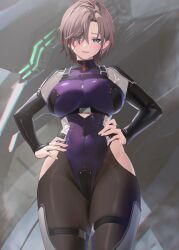 Rule 34 | 1girl, armored core, armored core 6, black bridal gauntlets, black pantyhose, blue eyes, breasts, bridal gauntlets, brown hair, commentary request, genderswap, genderswap (mtf), hand on own hip, hands on own hips, highres, hip vent, impossible clothes, impossible leotard, large breasts, leotard, looking at viewer, mole, mole under eye, pantyhose, parted bangs, purple leotard, scar, scar on face, short hair, solo, upper body, v.iv rusty, yd (orange maru)