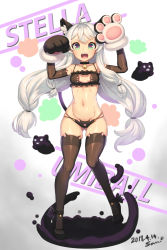 Rule 34 | 1girl, ahoge, animal ear legwear, animal ears, animal hands, bell, black bra, black choker, black footwear, black panties, black thighhighs, blush, bra, breasts, cat cutout, cat ear legwear, cat ear panties, cat ears, cat lingerie, cat tail, character name, choker, cleavage, cleavage cutout, clothing cutout, dated, ecell, elbow gloves, facial mark, frilled bra, frills, full body, gloves, gluteal fold, green eyes, hair between eyes, heart, heart-shaped pupils, high heels, highres, jingle bell, long hair, looking at viewer, low-tied long hair, low tied hair, meme attire, navel, neck bell, open mouth, panties, paw gloves, sidelocks, silver hair, skindentation, small breasts, solo, soulworker, standing, stella unibell, symbol-shaped pupils, tail, thighhighs, twintails, underwear, underwear only, very long hair, whisker markings