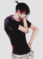 Rule 34 | 1boy, adam&#039;s apple, bare arms, belt, black hair, black shirt, chainsaw man, collarbone, ear piercing, earrings, eyebrows, green eyes, hand on own hip, hayakawa aki, high ponytail, highres, jewelry, male focus, medium hair, pale skin, pants, piercing, pocket, profile, shirt, shirt tucked in, short ponytail, short sleeves, solo, solo focus, standing, suriza282go, t-shirt, white background, white legwear, white pants, wiping face