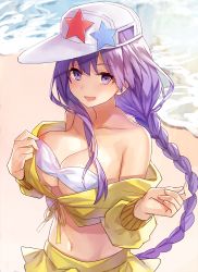 Rule 34 | 10s, 1girl, bare shoulders, baseball cap, bb (fate), bb (fate) (all), bb (swimsuit mooncancer) (fate), bb (swimsuit mooncancer) (first ascension) (fate), beach, bikini, bikini top only, braid, breasts, cleavage, collarbone, cropped jacket, fate/extra, fate/extra ccc, fate/grand order, fate (series), hat, jacket, large breasts, long hair, looking at viewer, midriff, navel, off shoulder, open mouth, purple eyes, purple hair, skirt, smile, solo, star (symbol), swimsuit, very long hair, white bikini, white hat, yellow jacket, yellow skirt, yuzuki karu