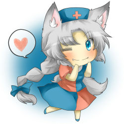 Rule 34 | 1girl, animal ears, bad id, bad pixiv id, blue dress, blue eyes, blush, braid, chibi, dog ears, dog tail, dress, fang, female focus, full body, gradient background, hair ribbon, hands on own face, hat, heart, kemonomimi mode, long hair, multicolored clothes, multicolored dress, nurse cap, one eye closed, rebecca (keinelove), red dress, ribbon, silver hair, smile, solo, tail, touhou, very long hair, white background, wink, yagokoro eirin