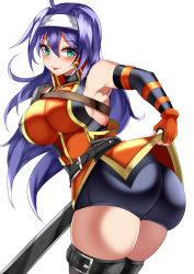Rule 34 | 1girl, absurdres, artist request, ass, bare shoulders, bike shorts, blush, breasts, come hither, dress, elbow gloves, fingerless gloves, fire emblem, from behind, gloves, green eyes, headband, highres, huge ass, large breasts, long hair, looking at viewer, mia (fire emblem), naughty face, nintendo, purple hair, shiny clothes, shiny skin, short dress, smile, solo, sword, thick thighs, thighhighs, thighs, tongue, tongue out, very long hair, weapon