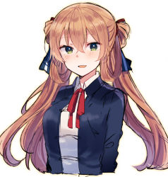Rule 34 | 1girl, :d, bad id, bad pixiv id, blazer, blue jacket, blush, breasts, collared shirt, girls&#039; frontline, green eyes, hair between eyes, hair rings, ikeuchi tanuma, jacket, light brown hair, long hair, looking at viewer, medium breasts, neck ribbon, open clothes, open jacket, open mouth, red ribbon, ribbon, shirt, simple background, smile, solo, springfield (girls&#039; frontline), twintails, upper body, very long hair, white background, white shirt