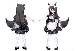 Rule 34 | 1girl, absurdres, alternate costume, animal ears, apron, black dress, black footwear, black hair, blush, breasts, brown eyes, chrisandita, closed mouth, commentary, dress, enmaided, facing away, fox ears, fox girl, fox shadow puppet, fox tail, frilled apron, frilled thighhighs, frills, hair between eyes, highres, long hair, looking at viewer, maid, maid headdress, mary janes, multiple views, original, outstretched arm, pleated dress, shoes, short sleeves, simple background, small breasts, smile, tail, thighhighs, turnaround, twitter username, very long hair, waist apron, white apron, white background, white thighhighs