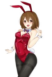 Rule 34 | 1girl, absurdres, animal ears, black pantyhose, blue bow, blue bowtie, bow, bowtie, breasts, brown eyes, cowboy shot, detached collar, fake animal ears, flag print, highres, hirasawa yui, k-on!, leotard, medium breasts, open mouth, pantyhose, playboy bunny, rabbit ears, rabbit tail, red leotard, round teeth, short hair, simple background, smile, solo, strapless, strapless leotard, tail, teeth, thighband pantyhose, union jack, upper teeth only, v, white background, wrist cuffs, yasuc