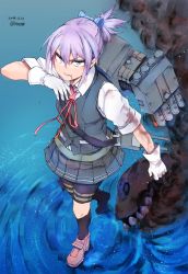 Rule 34 | 10s, 1girl, angry, bike shorts, bike shorts under skirt, blood, blood on face, blue eyes, full body, gloves, ha-class destroyer, hair ornament, highres, holding, kantai collection, kneehighs, looking at viewer, neck ribbon, pink hair, pleated skirt, ponytail, red ribbon, ribbon, shiranui (kancolle), short hair, sigama, skirt, smoke, socks, solo, walking, walking on liquid