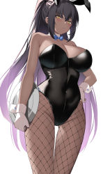 Rule 34 | 1girl, absurdres, animal ears, bare shoulders, black hair, black leotard, blue archive, blush, bow, bowtie, breasts, cleavage, covered navel, curvy, dark-skinned female, dark skin, detached collar, fake animal ears, fishnet pantyhose, fishnets, gloves, highleg, highleg leotard, highres, karin (blue archive), karin (bunny) (blue archive), large breasts, leotard, long hair, looking at viewer, official alternate costume, pantyhose, playboy bunny, ponytail, rabbit ears, shiny clothes, shiny skin, sidelocks, solo, spider apple, strapless, strapless leotard, thighs, traditional bowtie, tray, white gloves, wide hips, wrist cuffs, yellow eyes