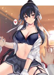 Rule 34 | 1boy, 1girl, assertive female, black bra, black hair, black skirt, blush, border, bra, breasts, brown eyes, cleavage, closed mouth, collarbone, garter straps, girl on top, gloves, hair ribbon, heart, hetero, high ponytail, holding hands, ichinomiya (blantte), indoors, interlocked fingers, kantai collection, lace, lace-trimmed bra, lace trim, large breasts, long hair, looking at viewer, navel, open clothes, open shirt, outside border, pleated skirt, ponytail, pov, pov hands, ribbon, shirt, sidelocks, single garter strap, skirt, smile, solo focus, spoken heart, straddling, underwear, very long hair, white border, white gloves, white ribbon, white shirt, yahagi (kancolle)