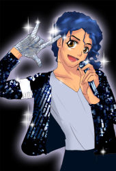 Rule 34 | 1boy, \m/, alternate hair color, animification, armband, blue hair, brown eyes, crossover, dark-skinned male, dark skin, dg, gloves, jacket, macross, macross frontier, male focus, michael jackson, microphone, music, parody, ponytail, real life, seikan hikou, sequins, shirt tucked in, singing, single glove, solo, sparkle, unmoving pattern, v-neck