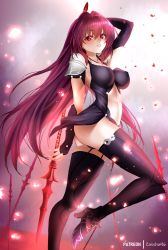 Rule 34 | 1girl, adapted costume, armor, bodystocking, breasts, commentary, covered erect nipples, fate/grand order, fate (series), gae bolg (fate), high heels, highres, holding, holding weapon, leg up, long hair, medium breasts, parted lips, scathach (fate), shiny clothes, shoulder armor, shoulder pads, simple background, smile, solo, stomach, thighhighs, thighs, weapon, zasshu