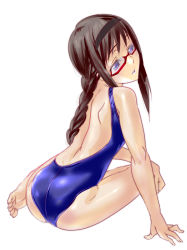 Rule 34 | 10s, 1girl, absurdres, akemi homura, arm support, ass, back, backless outfit, bad id, bad pixiv id, bare back, bare shoulders, barefoot, black hair, braid, dodai shouji, face, feet, from behind, full body, glasses, hairband, head tilt, highres, lips, mahou shoujo madoka magica, mahou shoujo madoka magica (anime), one-piece swimsuit, purple eyes, red-framed eyewear, sidelocks, simple background, sitting, solo, swimsuit, toes