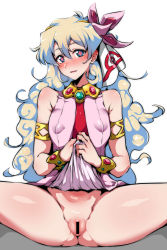 Rule 34 | 1girl, armlet, bare shoulders, blue eyes, bracelet, breasts, censored, dress, flower-shaped pupils, gggg, highres, jewelry, long hair, looking at viewer, multicolored hair, necktie, nia teppelin, no panties, presenting, pussy, red necktie, sitting, small breasts, smile, solo, spread legs, symbol-shaped pupils, tengen toppa gurren lagann, thighs, unusual pupils, white background