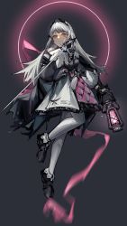 Rule 34 | 1girl, arknights, belt, black footwear, black gloves, black jacket, brown eyes, capelet, closed mouth, commentary request, full body, gloves, glowing, grey background, grey hair, gun, head wings, high-waist skirt, highres, holding, holding lantern, holding sword, holding weapon, irene (arknights), jacket, lantern, long hair, long sleeves, looking at viewer, mumi013, pantyhose, purple skirt, rapier, scar, scar across eye, scar on face, shoes, simple background, skirt, solo, sword, very long hair, weapon, white capelet, white pantyhose, white skirt, wings