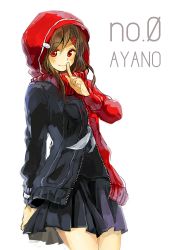 Rule 34 | 1girl, arm behind back, blush, brown hair, closed mouth, eyebrows, female focus, finger to mouth, hair ornament, hairclip, highres, hood, hoodie, kagerou project, legs together, long hair, looking at viewer, nuriko-kun, red eyes, simple background, skirt, smile, solo, standing, tateyama ayano, thighhighs, upper body, white background, zettai ryouiki, zipper