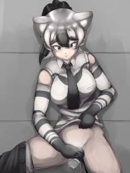 Rule 34 | 1girl, aardwolf (kemono friends), absurdres, animal ears, clothes lift, highres, kemono friends, legs apart, lifting own clothes, pants around one leg, peeing, peeing in cup, shirt lift, solo, standing, y-san (yoshino yuuri)