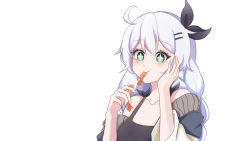 +_+ 1girl :t ahoge bare_shoulders black_camisole black_ribbon blue_eyes blush camisole closed_mouth collarbone commentary_request eating food grey_hair hair_ornament hair_ribbon hairclip highres holding holding_food honkai_(series) honkai_impact_3rd jacket kiana_kaslana long_hair long_sleeves off_shoulder open_clothes open_jacket ribbon rinnaikawa simple_background solo upper_body white_background