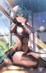 Rule 34 | 1girl, :d, absurdres, ahoge, arms up, bare shoulders, black footwear, black gloves, black leotard, blue hair, blush, boots, breasts, character request, classroom, covered navel, day, desk, elbow gloves, fingerless gloves, gloves, hair between eyes, hair ornament, hands on own cheeks, hands on own face, heart, highres, indoors, leotard, light rays, looking at viewer, masterwork apocalypse, medium breasts, on table, open mouth, red eyes, school desk, shanguier, short hair, sitting, smile, solo, sunbeam, sunlight, table, thigh boots, thighhighs, wariza
