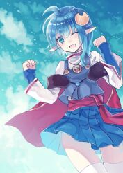 Rule 34 | 1girl, ahoge, blue eyes, blue hair, cape, crescent, crescent hair ornament, hair ornament, looking at viewer, miyakure, one eye closed, open mouth, pointy ears, red cape, rena lanford, short hair, skirt, smile, solo, star ocean, star ocean the second story, thighhighs