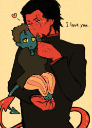 Rule 34 | 10s, 2boys, age difference, azazel (x-men), black hair, black shirt, blue skin, carrying, colored skin, father and son, heart, image sample, male focus, marvel, multiple boys, nightcrawler, pants, pixiv sample, red skin, shirt, size difference, striped clothes, striped pants, tail, x-men, yellow eyes