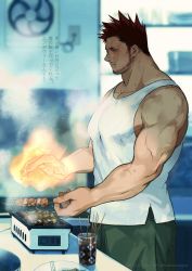 Rule 34 | 1boy, bara, bare shoulders, beard, blue eyes, boku no hero academia, cooking, endeavor (boku no hero academia), facial hair, flaming hand, furikakepappa, green shorts, grill, grilling, highres, large pectorals, male focus, mature male, muscular, muscular male, official alternate costume, pectorals, red hair, scar, scar across eye, scar on face, short hair, shorts, sideburns, sidepec, solo, spiked hair, steam, sweat, tank top, translation request, white tank top