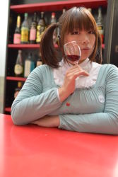 Rule 34 | 1girl, alcohol, asian, breasts, brown eyes, brown hair, cosplay, glass, highres, large breasts, nitroplus, photo (medium), plump, setsuna ayame, solo, super pochaco, super pochaco (cosplay), wine