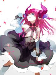 Rule 34 | 1girl, black dress, blue eyes, dress, elizabeth bathory (fate), elizabeth bathory (fate/extra ccc), elizabeth bathory (first ascension) (fate), fate/extra, fate/extra ccc, fate/grand order, fate (series), hand up, highres, horns, long hair, looking at viewer, muraichi, parted lips, pointy ears, purple hair, purple horns, smile, solo