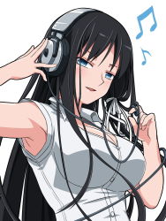 Rule 34 | 1girl, :d, armpits, black hair, blue eyes, blush, breasts, hair ribbon, headphones, khnchak, large breasts, long hair, musical note, open mouth, original, ribbon, simple background, smile, solo, white background, white ribbon