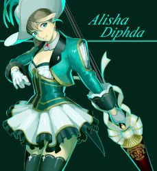 Rule 34 | 10s, 1girl, alisha diphda, alisha diphda (hyland royalty), aqua eyes, black background, black thighhighs, breasts, character name, cleavage, earrings, gloves, hair between eyes, hat, jewelry, official alternate costume, polearm, solo, tales of (series), tales of zestiria, thighhighs, ubo (ubo tales), weapon, white gloves, zettai ryouiki