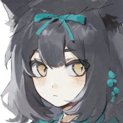 Rule 34 | 1girl, animal ears, aqua bow, black hair, blunt bangs, bow, cat ears, commentary request, expressionless, hair bow, hair ornament, looking to the side, medium hair, original, orniflop, portrait, sample watermark, simple background, slit pupils, solo, watermark, white background, yellow eyes