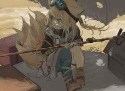 Rule 34 | 1girl, animal ears, arknights, arm ribbon, asymmetrical pants, beach towel, beach umbrella, black scarf, blonde hair, boots, box, brown footwear, dappled sunlight, day, floating hair, fox ears, fox girl, fox tail, goggles, goggles on head, green eyes, highres, holding, holding staff, id card, jacket, kitsune, knees up, kyuubi, looking away, looking back, medium hair, mochi 232310, multiple tails, official alternate costume, red ribbon, ribbon, sand, scarf, shade, single bare leg, sitting, sleeveless, sleeveless jacket, solo, staff, sunlight, suzuran (arknights), suzuran (lostlands flowering) (arknights), tail, thighlet, torn umbrella, towel, umbrella, white jacket