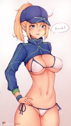 Rule 34 | 1girl, ahoge, artist name, artoria pendragon (fate), baseball cap, bikini, blonde hair, blue eyes, blue hat, bluefield, blush, breasts, cleft of venus, commentary, covered erect nipples, cowboy shot, fate/grand order, fate (series), gradient background, groin, hair between eyes, hair through headwear, hands on own hips, hat, highres, large breasts, long hair, looking at viewer, mysterious heroine x (fate), mysterious heroine xx (fate), navel, parted lips, partially visible vulva, patreon username, pink background, ponytail, shrug (clothing), side-tie bikini bottom, sideboob, simple background, smile, solo, stomach, sweat, swimsuit, thighs, translation request, underboob, white bikini