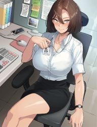 Rule 34 | 1girl, animated, animated gif, black skirt, blush, breasts, brown hair, cellphone, id card, jagaimo (kkamja), jung yujin (jagaimo (kkamja)), keyboard (computer), large breasts, looking at viewer, lowres, office lady, phone, shirt, skirt, solo, watch, white shirt