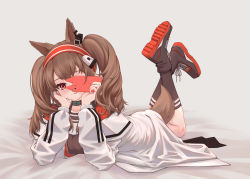 Rule 34 | 1girl, :p, angelina (arknights), animal ears, arknights, bed sheet, black collar, black footwear, black shirt, black socks, brown hair, cellphone, chinese commentary, collar, collarbone, commentary request, earpiece, extra ears, fox ears, fox girl, fox tail, hairband, head rest, highres, holding, holding phone, infection monitor (arknights), jacket, legs up, long hair, looking at viewer, lxjun 09, lying, no gloves, on stomach, one eye covered, open clothes, open jacket, phone, red eyes, red hairband, shirt, shoes, smartphone, smile, socks, solo, tail, the pose, tongue, tongue out, twintails, white jacket