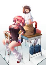 Rule 34 | 2girls, absurdres, ahoge, azur lane, bag, baltimore (after-school ace) (azur lane), baltimore (azur lane), black cardigan, black skirt, braid, breasts, bremerton (azur lane), brown hair, cardigan, cardigan around waist, chair, cleavage, closed mouth, clothes around waist, collarbone, collared shirt, commentary request, cup, desk, disposable cup, dress, drinking straw, ear piercing, food, food in mouth, french braid, full body, grey hair, hair between eyes, hair intakes, highres, holding, holding cup, jewelry, kangaruu (momotk1109), kneehighs, large breasts, loafers, long hair, looking at viewer, loose socks, miniskirt, mole, mole on breast, mole under eye, multicolored hair, multiple girls, necklace, official alternate costume, partial commentary, partially unbuttoned, piercing, pink eyes, pink hair, pleated dress, pleated skirt, pocky, pocky in mouth, school bag, school chair, school desk, school uniform, shadow, shirt, shoes, short hair, short sleeves, sidelocks, simple background, sitting, skirt, sleeves rolled up, smile, socks, streaked hair, tile floor, tiles, twintails, two-tone hair, white background, white legwear, white shirt, yellow eyes