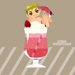 Rule 34 | 1boy, :&gt;, blonde hair, chibi, christophe giacometti, cocktail umbrella, cup, drinking glass, drinking straw, english text, facial hair, food, fruit, green eyes, head rest, highres, ice cream, ice cream float, kaorin minogue, male focus, mini person, miniboy, strawberry, yuri!!! on ice