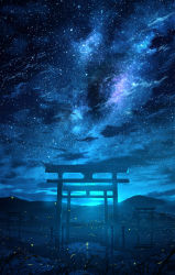 Rule 34 | absurdres, blue theme, blurry, city, city lights, cloud, commentary, dark, depth of field, galaxy, grass, highres, hill, light particles, lily pad, milky way, moon, moonlight, night, night sky, no humans, original, river, scenery, shadow, signature, sky, skyrick9413, star (sky), starry sky, torii, water
