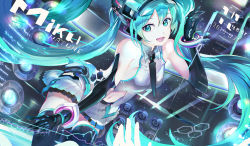 Rule 34 | 119, 1girl, :d, absurdly long hair, black gloves, black neckwear, black thighhighs, blue eyes, blue hair, breasts, collared shirt, elbow gloves, floating hair, gloves, grey shirt, grey skirt, hatsune miku, highres, long hair, looking at viewer, medium breasts, midriff, miniskirt, navel, open mouth, pleated skirt, shirt, sideboob, skirt, sleeveless, sleeveless shirt, smile, solo, stomach, thighhighs, very long hair, vocaloid, wing collar, zettai ryouiki