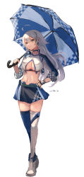 Rule 34 | 1girl, absurdres, ahoge, alternate costume, black skirt, blue choker, blue jacket, blue skirt, blue thighhighs, breasts, choker, cleavage, cleavage cutout, closed mouth, clothing cutout, crop top, cropped jacket, fingerless gloves, full body, gloves, grey hair, hand on own hip, highres, holding, holding umbrella, jacket, kantai collection, large breasts, long hair, looking at viewer, multicolored clothes, multicolored jacket, multicolored legwear, navel, race queen, signature, sketch, skirt, smile, solo, thighhighs, two-tone jacket, two-tone skirt, umbrella, washington (kancolle), white background, white footwear, white jacket, white thighhighs, wss (nicoseiga19993411)