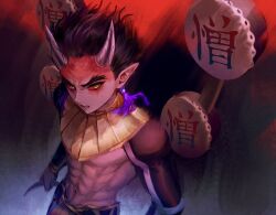 Rule 34 | 1boy, abs, angry, black background, black hair, clothing cutout, colored sclera, cracked skin, dark background, drum, earrings, from above, frown, gradient background, hantengu (kimetsu no yaiba), highres, holding, horns, instrument, japanese clothes, jewelry, kanji, kimetsu no yaiba, long sleeves, looking at viewer, maadaa, male focus, muscular, muscular male, navel, necklace, oni, oni horns, open mouth, pointy ears, red background, red sclera, short hair, simple background, solo, tassel, tassel earrings, text in eyes, thick eyebrows, upper body, yellow eyes, zohakuten (kimetsu no yaiba)