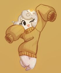 Rule 34 | 1girl, absurdres, bare legs, barefoot, black eyes, borrowed character, dripping, egg, egg (food), egg (lemyawn), food, full body, highres, irarugii, legs up, medium hair, one eye closed, open mouth, orange sweater, original, simple background, sleeves past fingers, sleeves past wrists, smile, solo, sunny side up egg, sweater, white hair, yellow background