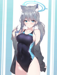 Rule 34 | 1girl, adjusting hair, animal ear fluff, animal ears, blue archive, blue eyes, blue one-piece swimsuit, breasts, cardigan, collarbone, covered navel, grey hair, groin, hair ornament, hairpin, halkawa501, halo, highres, medium breasts, mismatched pupils, off shoulder, one-piece swimsuit, open cardigan, open clothes, shiroko (blue archive), shiroko (swimsuit) (blue archive), solo, swimsuit, wolf ears