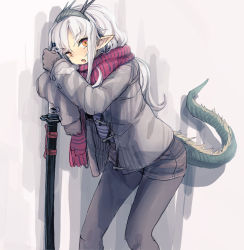 Rule 34 | 1girl, bee (deadflow), brown shorts, dragon horns, dragon tail, grey hair, grey jacket, grey pantyhose, holding, holding sword, holding weapon, horns, jacket, katana, long hair, long sleeves, looking at viewer, open clothes, open jacket, orange eyes, original, pantyhose, parted lips, pointy ears, red scarf, scarf, short shorts, shorts, solo, standing, sword, tail, weapon